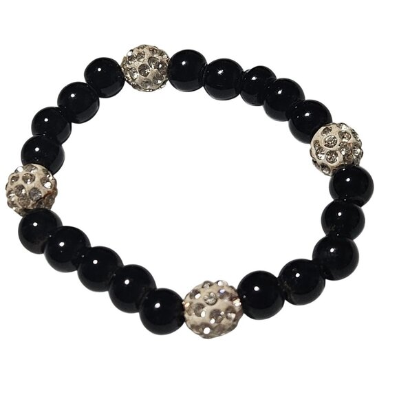 Elegant Black Silver Crystal Bead Elastic Bracelet Stretch Minimalist Jewelry - Picture 1 of 2